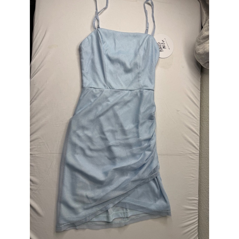 Princess Polly Ocenaia Mini Dress Blue Glitter Mesh Ruched Wrap Hem US 0 NWT